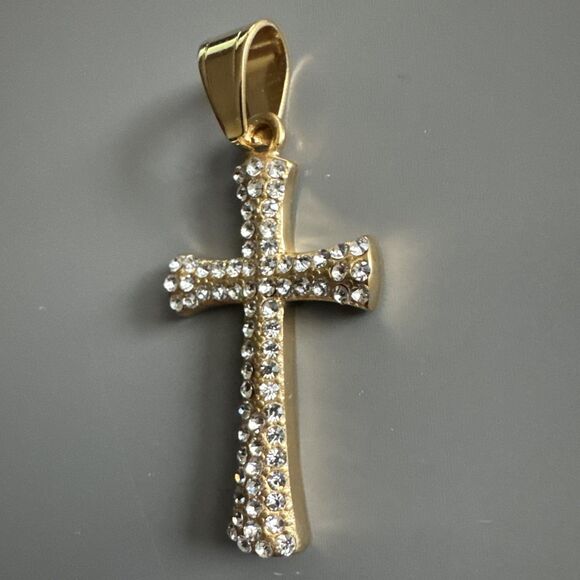 Cubic Zirconia Stainless Steel Cross Pendant Studded 24 Inch Necklace Gold Plate - Picture 2 of 6